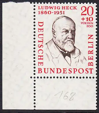 BERLIN 1957 Michel-Nummer 168 postfrisch EINZELMARKE ECKRAND unten links (a) - Männer aus der Geschichte Berlins: Prof. Ludwig Heck, Zoologe