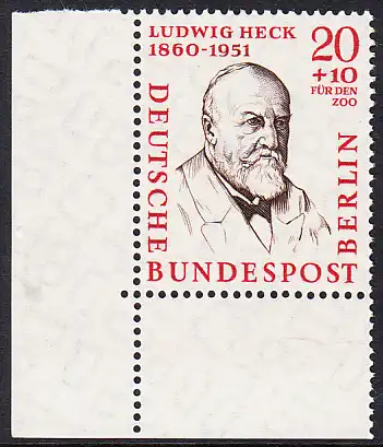 BERLIN 1957 Michel-Nummer 168 postfrisch EINZELMARKE ECKRAND unten links (b) - Männer aus der Geschichte Berlins: Prof. Ludwig Heck, Zoologe