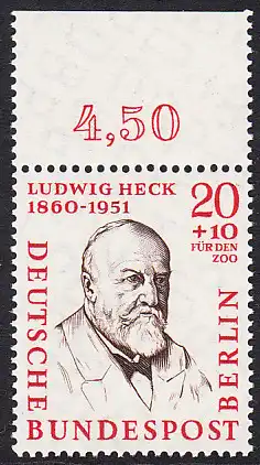 BERLIN 1957 Michel-Nummer 168 postfrisch EINZELMARKE RAND oben (a) - Männer aus der Geschichte Berlins: Prof. Ludwig Heck, Zoologe