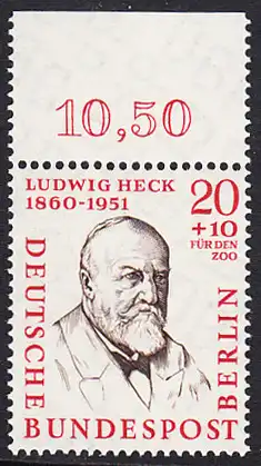 BERLIN 1957 Michel-Nummer 168 postfrisch EINZELMARKE RAND oben (b) - Männer aus der Geschichte Berlins: Prof. Ludwig Heck, Zoologe