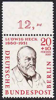 BERLIN 1957 Michel-Nummer 168 postfrisch EINZELMARKE RAND oben (c) - Männer aus der Geschichte Berlins: Prof. Ludwig Heck, Zoologe