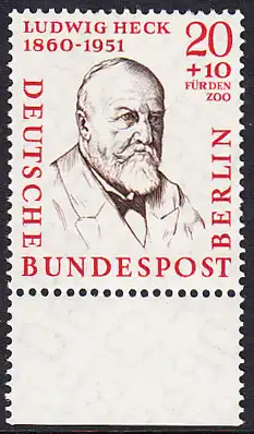 BERLIN 1957 Michel-Nummer 168 postfrisch EINZELMARKE RAND unten - Männer aus der Geschichte Berlins: Prof. Ludwig Heck, Zoologe