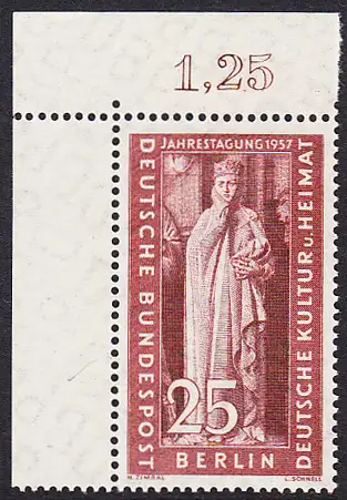 BERLIN 1957 Michel-Nummer 173 postfrisch EINZELMARKE ECKRAND oben links - Jahrestagung des Ostdeutschen Kulturrates, Berlin