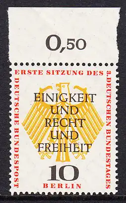 BERLIN 1957 Michel-Nummer 174 postfrisch EINZELMARKE RAND oben - Erste konstituierende Sitzung des 3. Deutschen Bundestages in Berlin