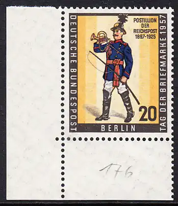 BERLIN 1957 Michel-Nummer 176 postfrisch EINZELMARKE ECKRAND unten links (b) - Tag der Briefmarke, Briefmarkenausstellung BEPHILA,  Berlin