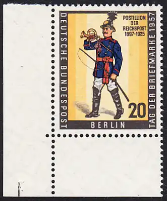BERLIN 1957 Michel-Nummer 176 postfrisch EINZELMARKE ECKRAND unten links (a) - Tag der Briefmarke, Briefmarkenausstellung BEPHILA,  Berlin