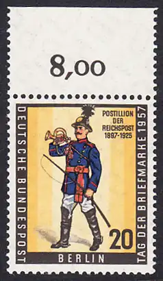 BERLIN 1957 Michel-Nummer 176 postfrisch EINZELMARKE RAND oben (f) - Tag der Briefmarke, Briefmarkenausstellung BEPHILA,  Berlin