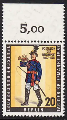 BERLIN 1957 Michel-Nummer 176 postfrisch EINZELMARKE RAND oben (c) - Tag der Briefmarke, Briefmarkenausstellung BEPHILA,  Berlin