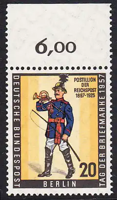 BERLIN 1957 Michel-Nummer 176 postfrisch EINZELMARKE RAND oben (d) - Tag der Briefmarke, Briefmarkenausstellung BEPHILA,  Berlin