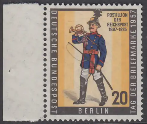 BERLIN 1957 Michel-Nummer 176 postfrisch EINZELMARKE RAND links - Tag der Briefmarke, Briefmarkenausstellung BEPHILA,  Berlin