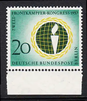 BERLIN 1957 Michel-Nummer 177 postfrisch EINZELMARKE RAND unten - Welt-Frontkämper-Kongress, Berlin