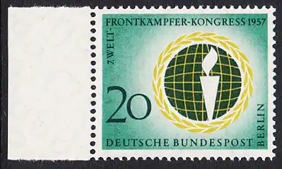 BERLIN 1957 Michel-Nummer 177 postfrisch EINZELMARKE RAND links - Welt-Frontkämper-Kongress, Berlin