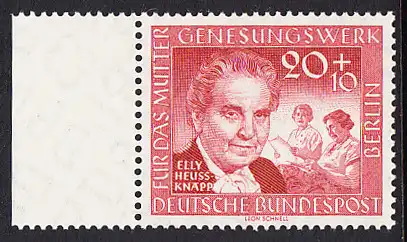 BERLIN 1957 Michel-Nummer 178 postfrisch EINZELMARKE RAND links - Deutsches Mütter-Genesungswerk