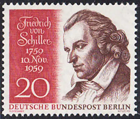 BERLIN 1959 Michel-Nummer 190 postfrisch EINZELMARKE - Friedrich von Schiller, Dichter