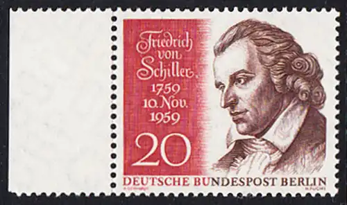 BERLIN 1959 Michel-Nummer 190 postfrisch EINZELMARKE RAND links - Friedrich von Schiller, Dichter