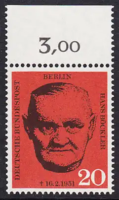 BERLIN 1961 Michel-Nummer 197 postfrisch EINZELMARKE RAND oben (b) - Todestag von Hans Böckler, Gewerkschaftsführer