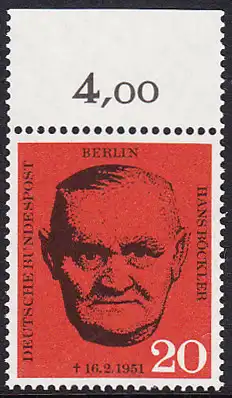 BERLIN 1961 Michel-Nummer 197 postfrisch EINZELMARKE RAND oben (c) - Todestag von Hans Böckler, Gewerkschaftsführer