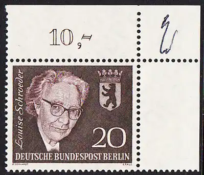 BERLIN 1961 Michel-Nummer 198 postfrisch EINZELMARKE ECKRAND oben rechts (b) - Todestag von Louise Schröder, Politikerin