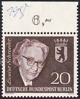 BERLIN 1961 Michel-Nummer 198 postfrisch EINZELMARKE RAND oben (b/b) - Todestag von Louise Schröder, Politikerin