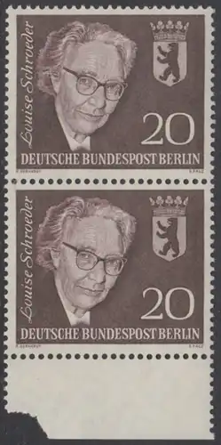 BERLIN 1961 Michel-Nummer 198 postfrisch vert.PAAR RAND unten (b) - Todestag von Louise Schröder, Politikerin