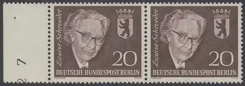 BERLIN 1961 Michel-Nummer 198 postfrisch horiz.PAAR RAND links (m/ Bogenzähler / a) - Todestag von Louise Schröder, Politikerin