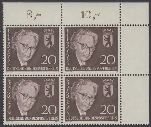 BERLIN 1961 Michel-Nummer 198 postfrisch BLOCK ECKRAND oben rechts - Todestag von Louise Schröder, Politikerin