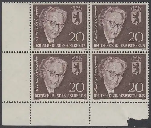 BERLIN 1961 Michel-Nummer 198 postfrisch BLOCK ECKRAND unten links (b) - Todestag von Louise Schröder, Politikerin