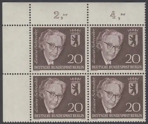 BERLIN 1961 Michel-Nummer 198 postfrisch BLOCK ECKRAND oben links - Todestag von Louise Schröder, Politikerin