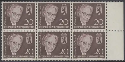BERLIN 1961 Michel-Nummer 198 postfrisch horiz.BLOCK(6) RÄNDER rechts (a) - Todestag von Louise Schröder, Politikerin
