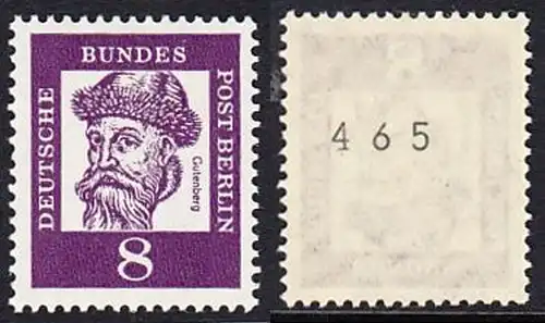 BERLIN 1961 Michel-Nummer 201 postfrisch EINZELMARKE m/ rücks.Rollennummer 465 - Bedeutende Deutsche: Johannes Gutenberg, Erfinder des Buchdrucks