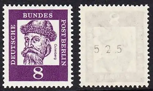 BERLIN 1961 Michel-Nummer 201 postfrisch EINZELMARKE m/ rücks.Rollennummer 525 - Bedeutende Deutsche: Johannes Gutenberg, Erfinder des Buchdrucks