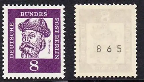 BERLIN 1961 Michel-Nummer 201 postfrisch EINZELMARKE m/ rücks.Rollennummer 865 - Bedeutende Deutsche: Johannes Gutenberg, Erfinder des Buchdrucks