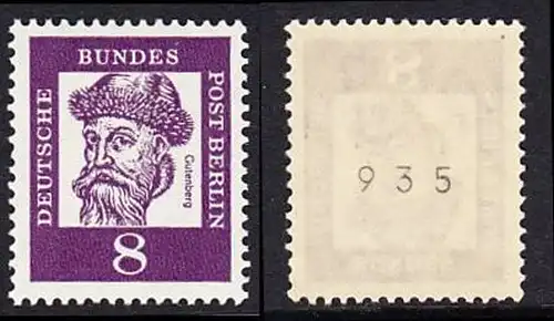 BERLIN 1961 Michel-Nummer 201 postfrisch EINZELMARKE m/ rücks.Rollennummer 935 - Bedeutende Deutsche: Johannes Gutenberg, Erfinder des Buchdrucks