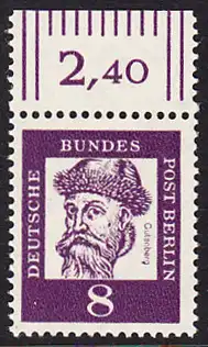 BERLIN 1961 Michel-Nummer 201 postfrisch EINZELMARKE RAND oben (b) - Bedeutende Deutsche: Johannes Gutenberg, Erfinder des Buchdrucks