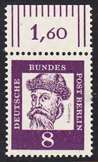 BERLIN 1961 Michel-Nummer 201 postfrisch EINZELMARKE RAND oben (a) - Bedeutende Deutsche: Johannes Gutenberg, Erfinder des Buchdrucks