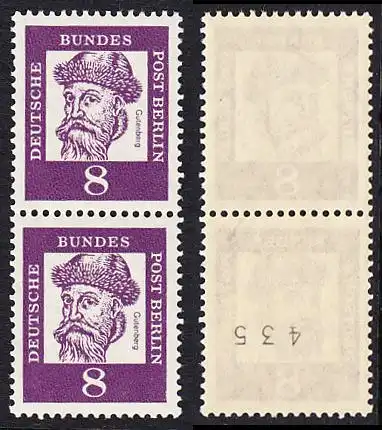 BERLIN 1961 Michel-Nummer 201 postfrisch vert.PAAR m/ rücks.Rollennummer 435 - Bedeutende Deutsche: Johannes Gutenberg, Erfinder des Buchdrucks