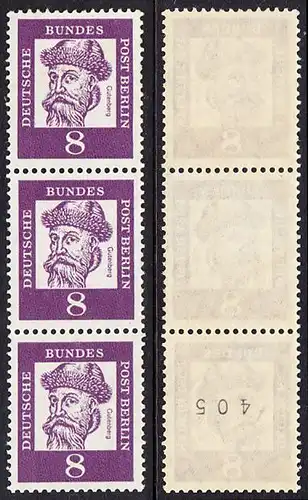 BERLIN 1961 Michel-Nummer 201 postfrisch vert.STRIP(3) m/ rücks.Rollennummer 405 - Bedeutende Deutsche: Johannes Gutenberg, Erfinder des Buchdrucks