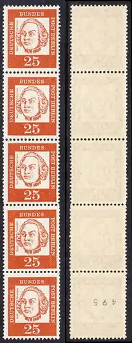 BERLIN 1961 Michel-Nummer 205 postfrisch vert.STRIP(5) m/ rücks.Rollennummer 495 - Bedeutende Deutsche: Balthasar Neumann, Baumeister