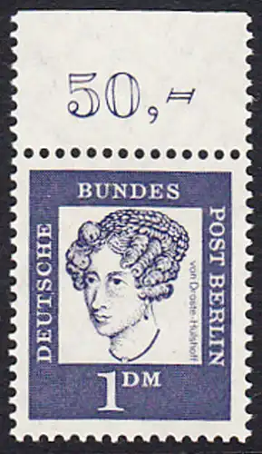 BERLIN 1961 Michel-Nummer 212 postfrisch EINZELMARKE RAND oben (a) - Bedeutende Deutsche: Annette Freiin von Droste-Hülshoff, Dichterin