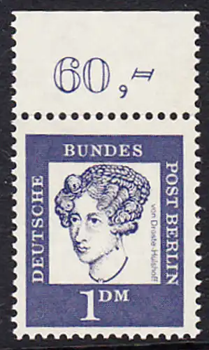 BERLIN 1961 Michel-Nummer 212 postfrisch EINZELMARKE RAND oben (b) - Bedeutende Deutsche: Annette Freiin von Droste-Hülshoff, Dichterin