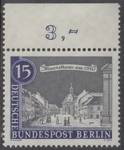 BERLIN 1962 Michel-Nummer 220 postfrisch EINZELMARKE RAND oben (a01) - Alt-Berlin: Mauerstraße