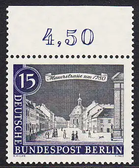 BERLIN 1962 Michel-Nummer 220 postfrisch EINZELMARKE RAND oben (a02) - Alt-Berlin: Mauerstraße