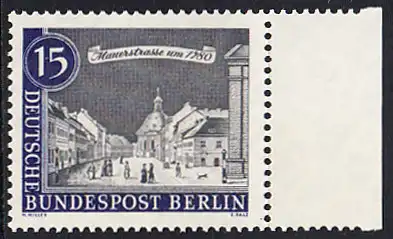 BERLIN 1962 Michel-Nummer 220 postfrisch EINZELMARKE RAND rechts - Alt-Berlin: Mauerstraße