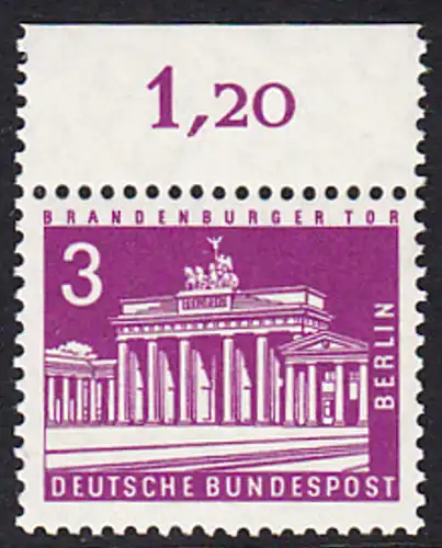 BERLIN 1963 Michel-Nummer 231 postfrisch EINZELMARKE RAND oben (c) - Berliner Stadtbilder: Brandenburger Tor