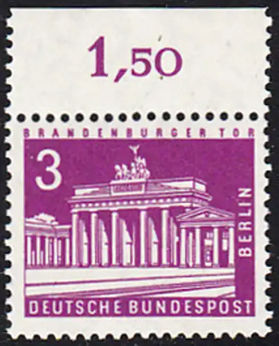 BERLIN 1963 Michel-Nummer 231 postfrisch EINZELMARKE RAND oben (d) - Berliner Stadtbilder: Brandenburger Tor