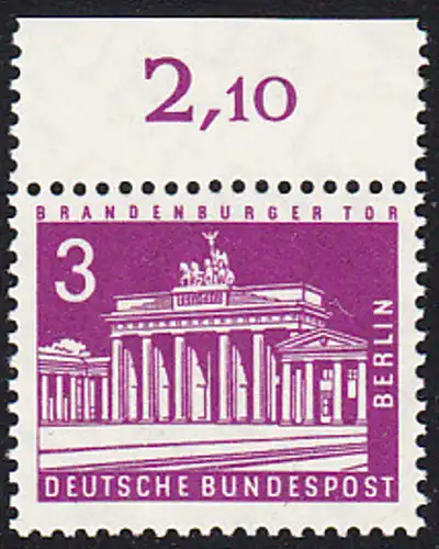 BERLIN 1963 Michel-Nummer 231 postfrisch EINZELMARKE RAND oben (e) - Berliner Stadtbilder: Brandenburger Tor