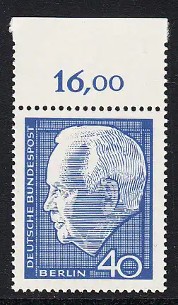 BERLIN 1964 Michel-Nummer 235 postfrisch EINZELMARKE RAND oben (a) - Wiederwahl des Bundespräsidenten Heinrich Lübke