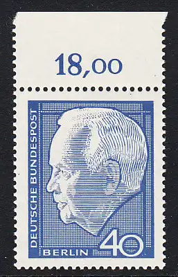 BERLIN 1964 Michel-Nummer 235 postfrisch EINZELMARKE RAND oben (b) - Wiederwahl des Bundespräsidenten Heinrich Lübke