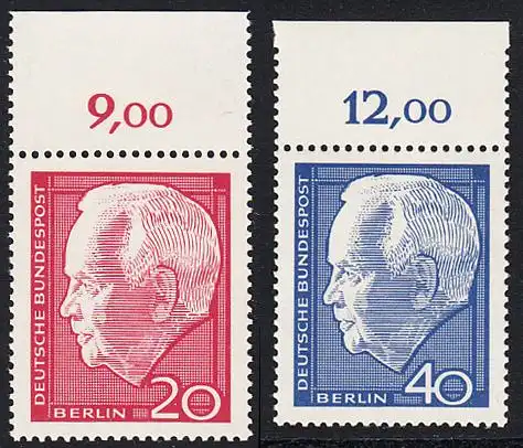 BERLIN 1964 Michel-Nummer 234-235 postfrisch SATZ(2) EINZELMARKEN RÄNDER oben (l) - Wiederwahl des Bundespräsidenten Heinrich Lübke