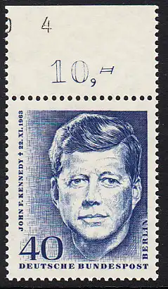 BERLIN 1964 Michel-Nummer 241 postfrisch EINZELMARKE RAND oben (d) - John F. Kennedy, US-Präsident